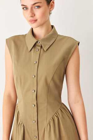 Flying Tomato Mocha Muse woven midi dress, stylish sleeveless dress with a flowy silhouette and intricate woven fabric design.