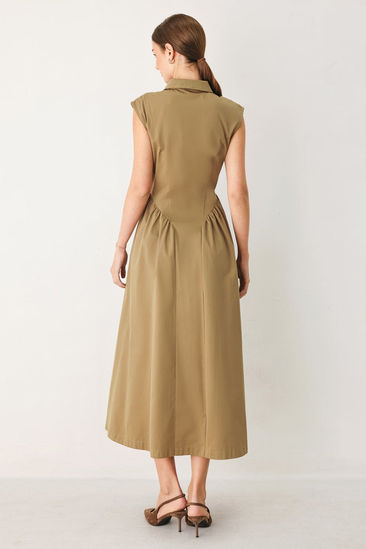 Flying Tomato Mocha Muse woven midi dress with a flowy, textured fabric and sleeveless design, shown on a model.