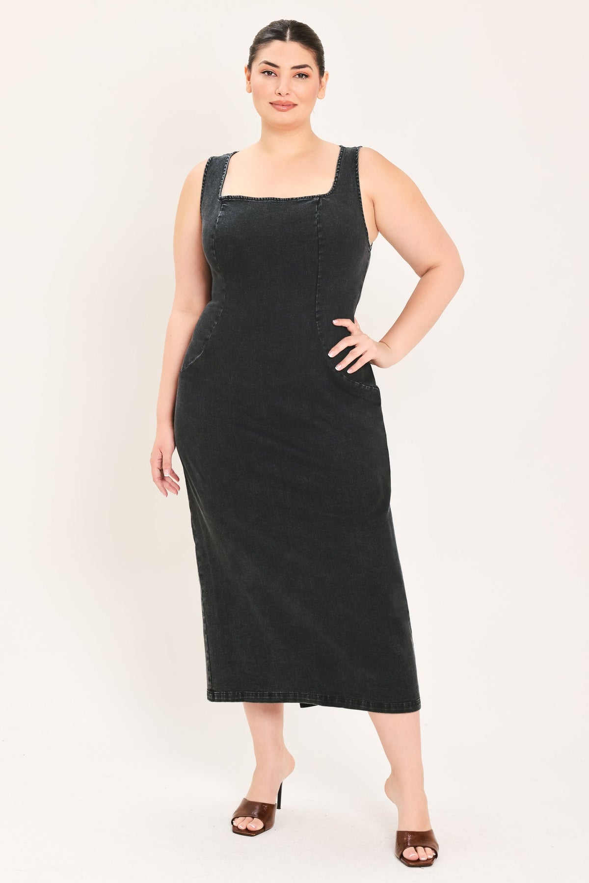 Flying Tomato Urban Chic denim midi dress in black, stylish casual dress with a fitted waist and midi length.