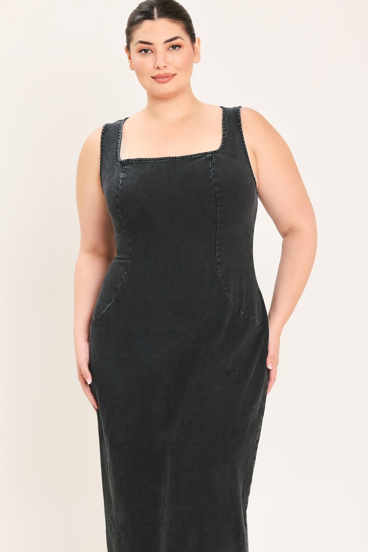 Flying Tomato Urban Chic Denim Midi Dress in black, featuring a stylish casual design with a fitted waist and knee-length hem.