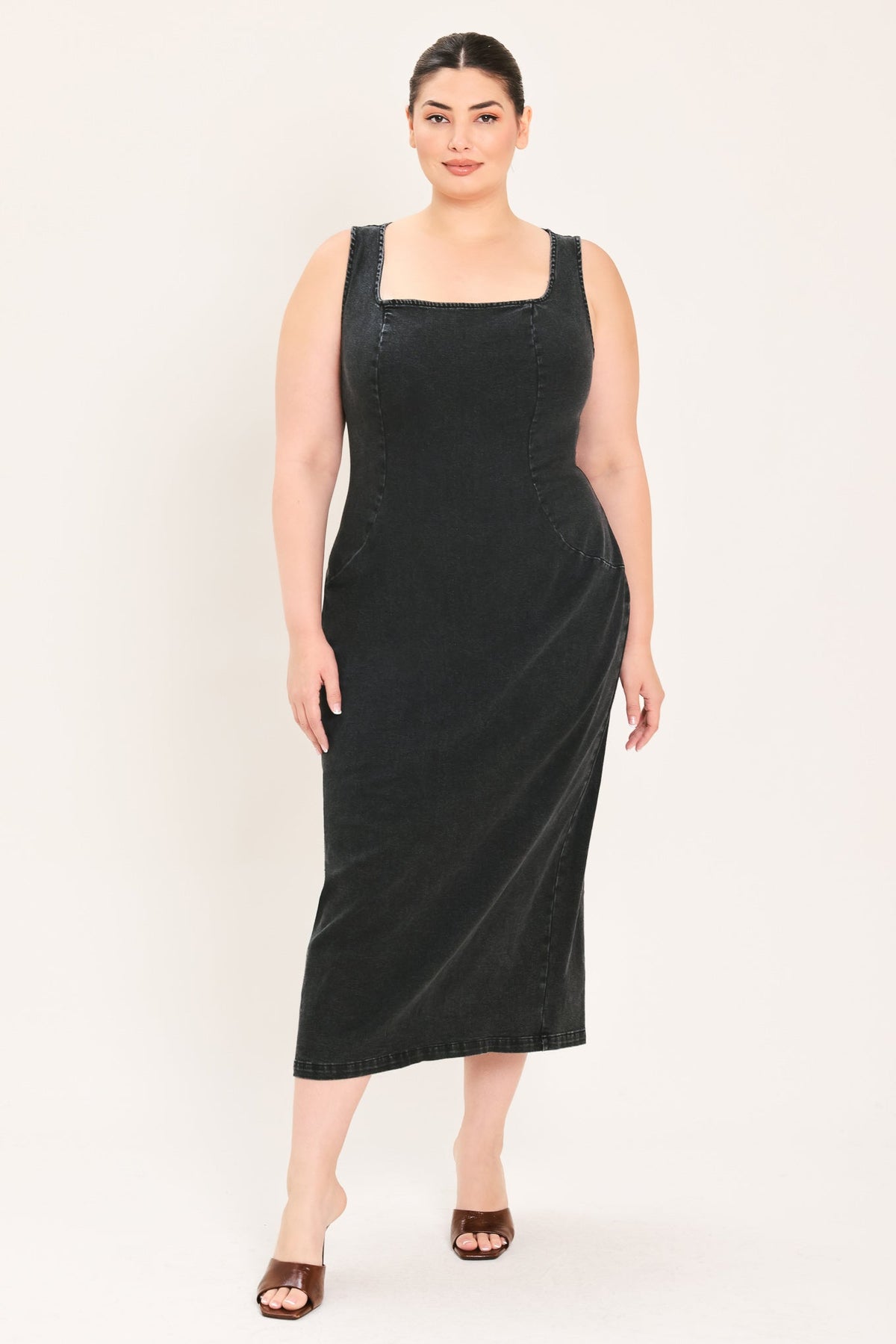 Black Urban Chic Denim Midi Dress by Flying Tomato, showcasing a stylish, fitted denim dress with a midi length and modern design.