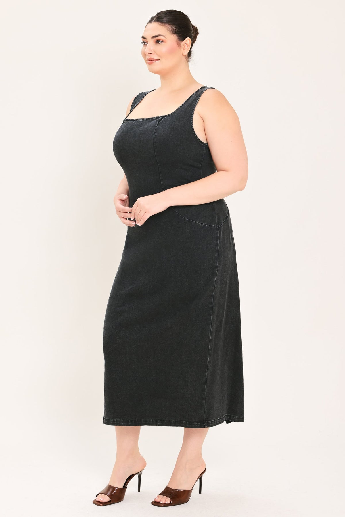 Black Urban Chic denim midi dress by Flying Tomato featuring a stylish, casual design perfect for everyday wear.