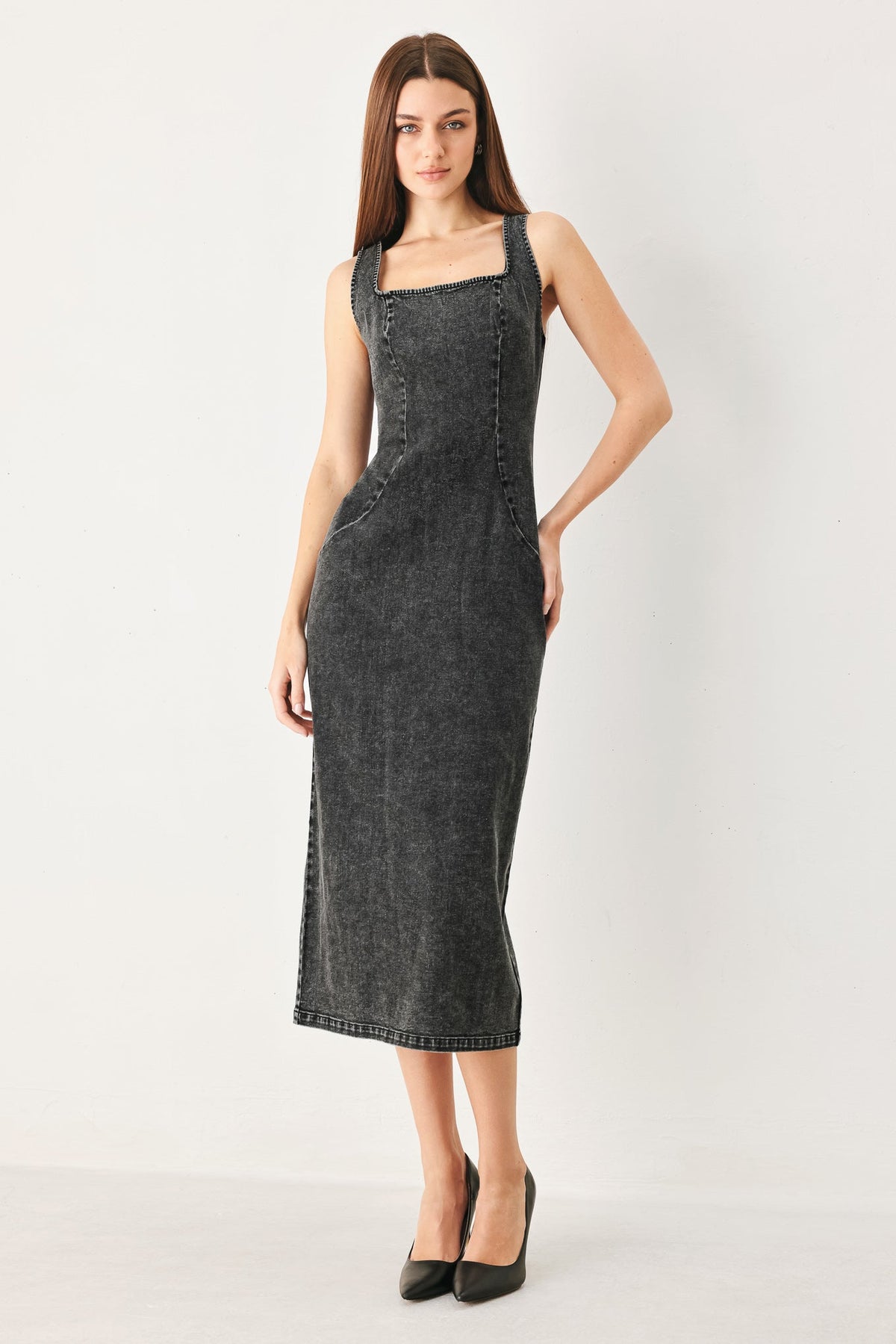 Black Urban Chic Denim Midi Dress by Flying Tomato, showcasing a stylish fitted design with a midi length and sleeveless style.