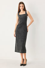 Black Urban Chic Denim Midi Dress by Flying Tomato, showcasing a stylish fitted design with a midi length and sleeveless style.