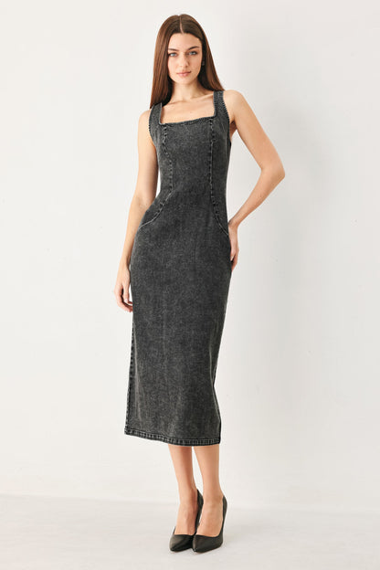 Black Urban Chic Denim Midi Dress by Flying Tomato, showcasing a stylish fitted design with a midi length and sleeveless style.