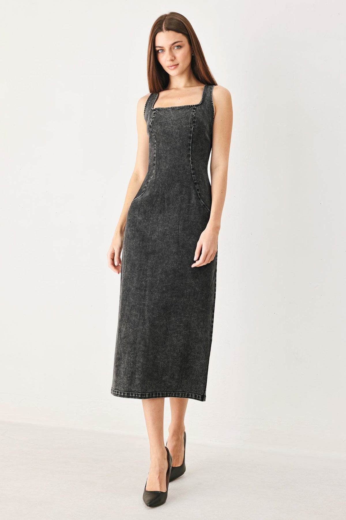 Flying Tomato Urban Chic Denim Midi Dress in black, featuring a stylish mid-length design with a fitted waist and casual chic look.