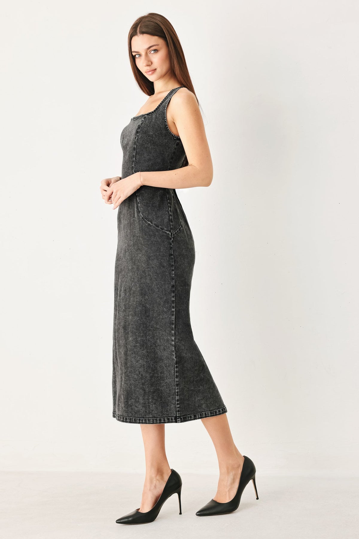 Flying Tomato Urban Chic Denim Midi Dress in black, featuring a stylish, casual design with a mid-length silhouette and denim fabric.