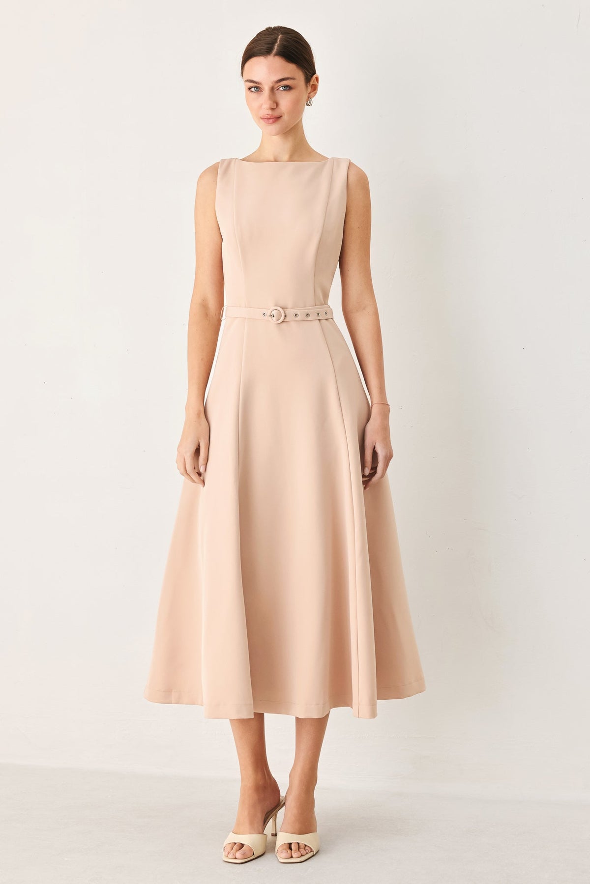 Flying Tomato Blush Hour woven midi dress, elegant sleeveless design with a flowy silhouette and intricate woven fabric.