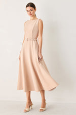 Flying Tomato blush woven midi dress with a relaxed fit and floral pattern, displayed on a hanger.