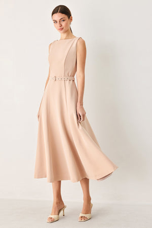 Flying Tomato blush woven midi dress with a relaxed fit and floral pattern, displayed on a hanger.