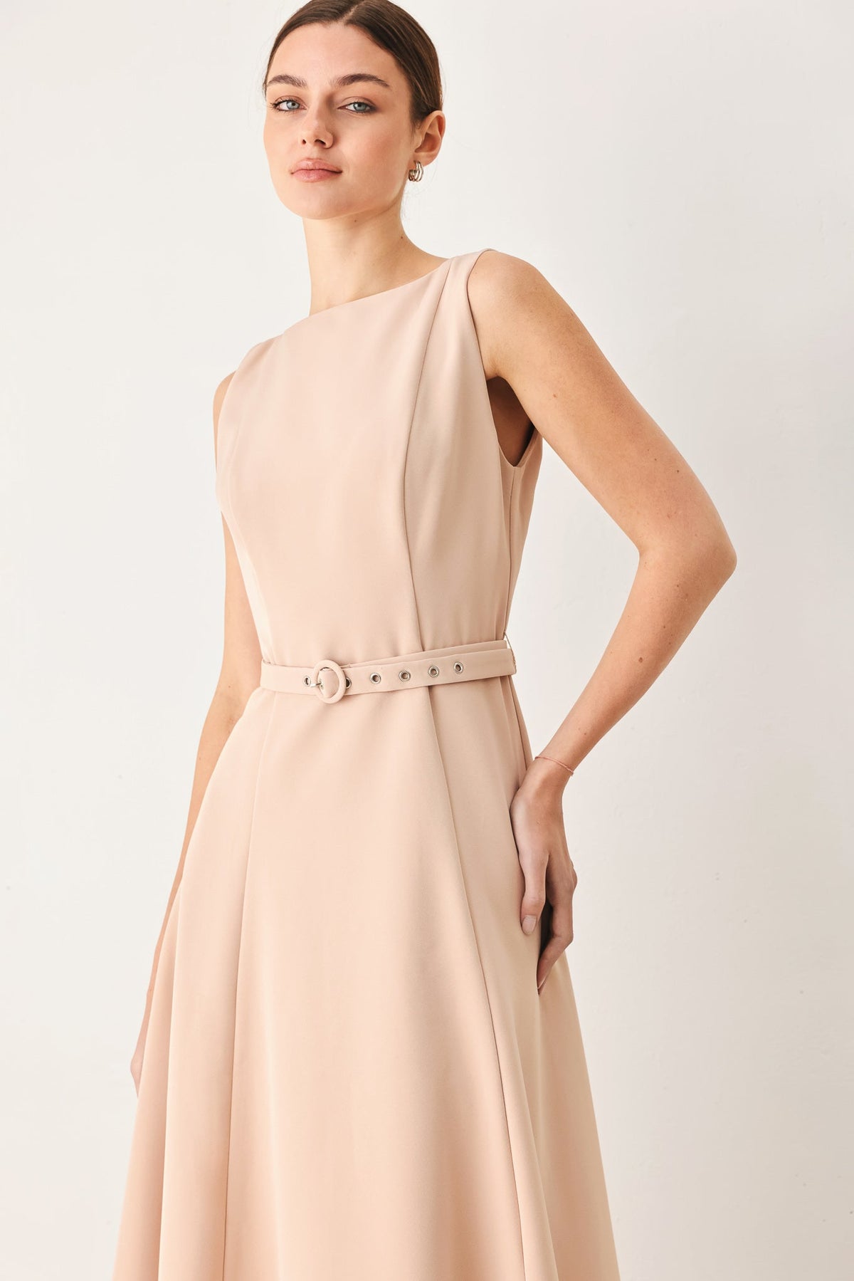 Flying Tomato blush woven midi dress with a relaxed fit and three-quarter sleeves, displayed on a hanger.