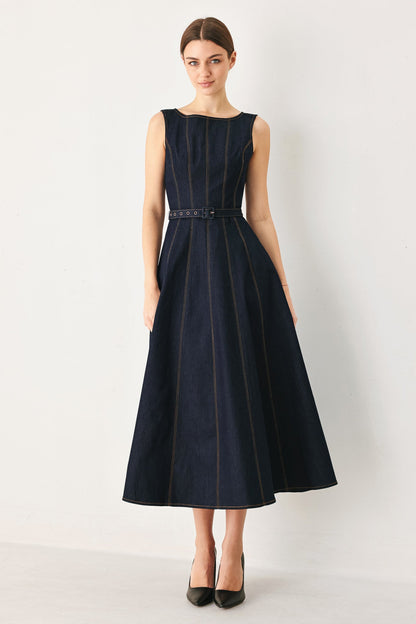 Flying Tomato tailored stitch denim midi dress in dark denim, featuring a fitted silhouette and classic design.
