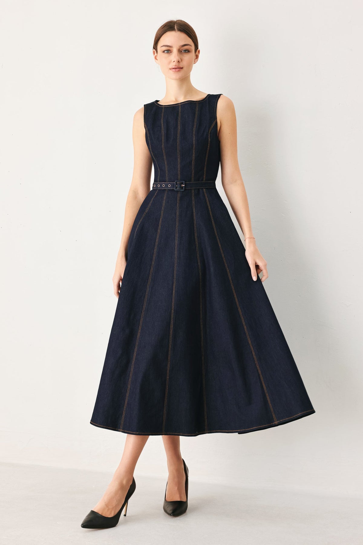 Flying Tomato tailored stitch denim midi dress in dark denim, featuring a fitted silhouette and classic design.