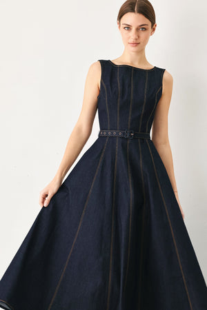 Dark denim Tailored Stitch Denim Midi Dress by Flying Tomato, featuring a fitted silhouette and elegant stitch details.