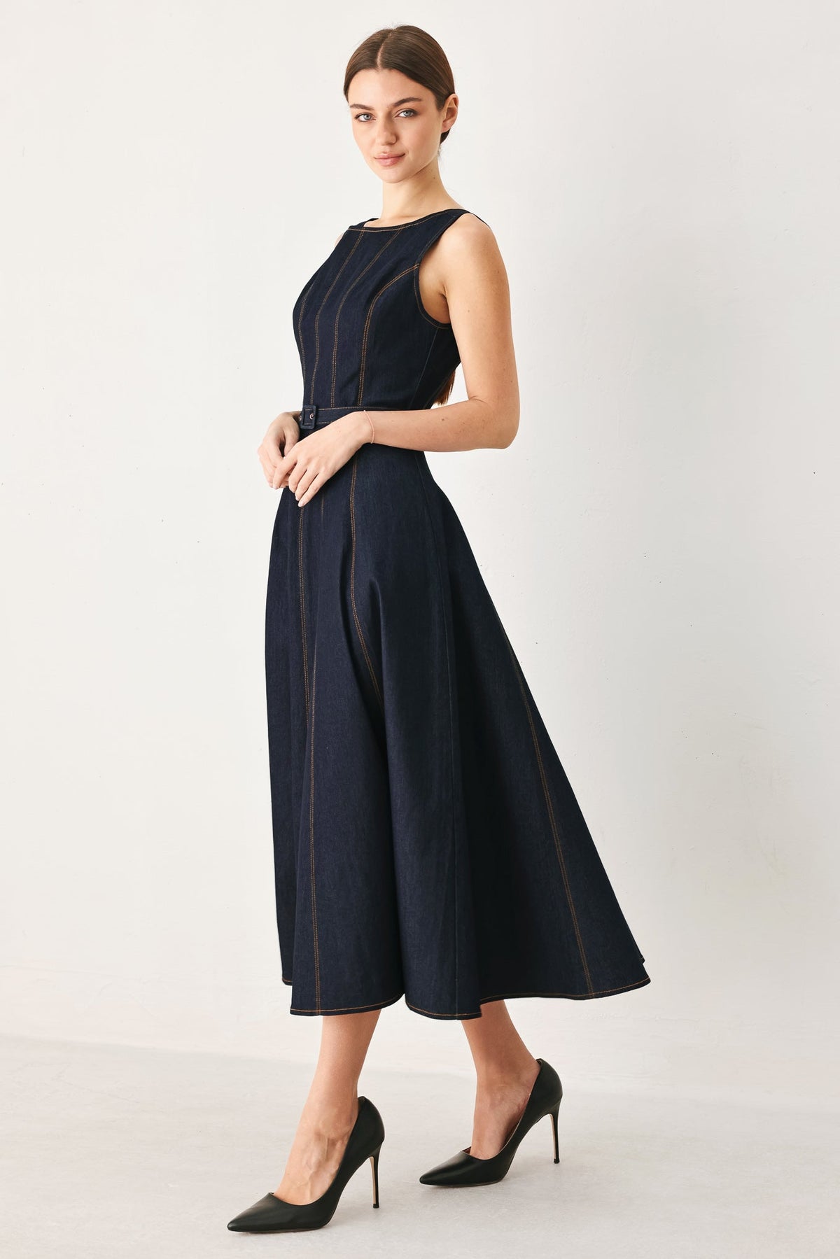 Flying Tomato tailored stitch denim midi dress in dark denim, featuring a fitted waist and classic dress silhouette.