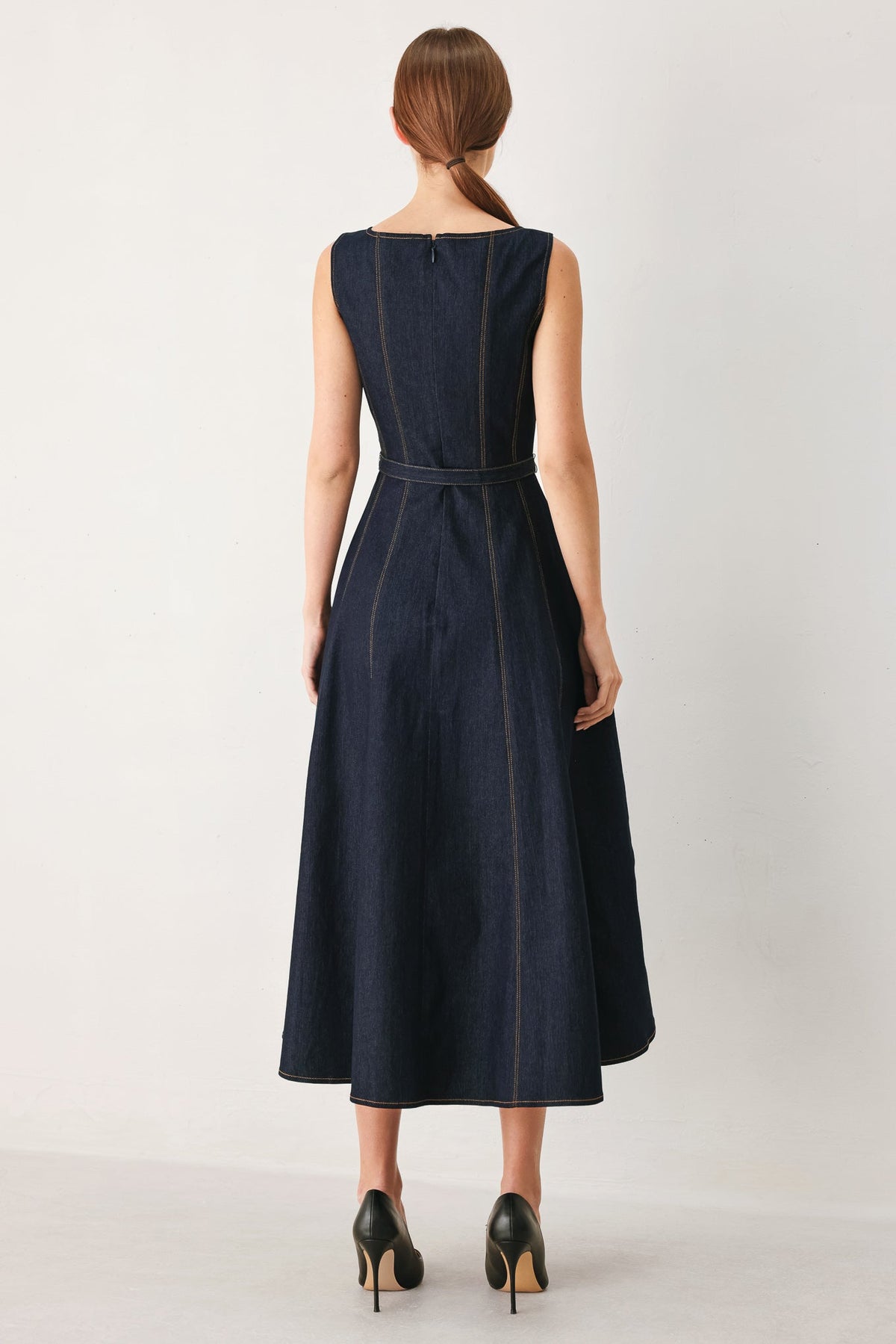 Dark denim Flying Tomato tailored stitch denim midi dress with a fitted bodice and flared hem, stylish and casual for everyday wear.