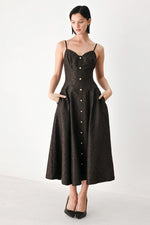 Flying Tomato chocolate sweetheart midi dress with button details, sleeveless design, and fitted waist in brown and black fabric.