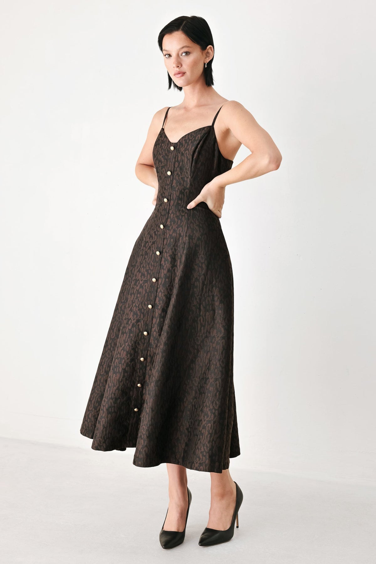Flying Tomato chocolate sweetheart midi dress with button details, featuring a fitted silhouette and stylish design.