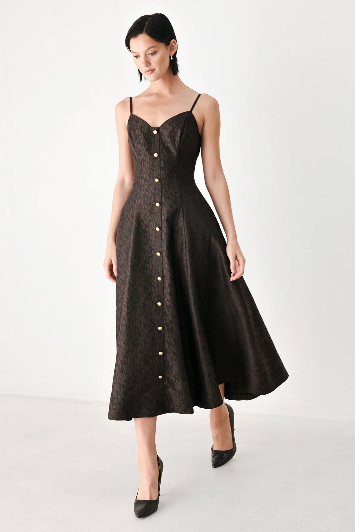 Flying Tomato buttoned chocolate sweetheart midi dress with long sleeves and a fitted waist, shown on a model.