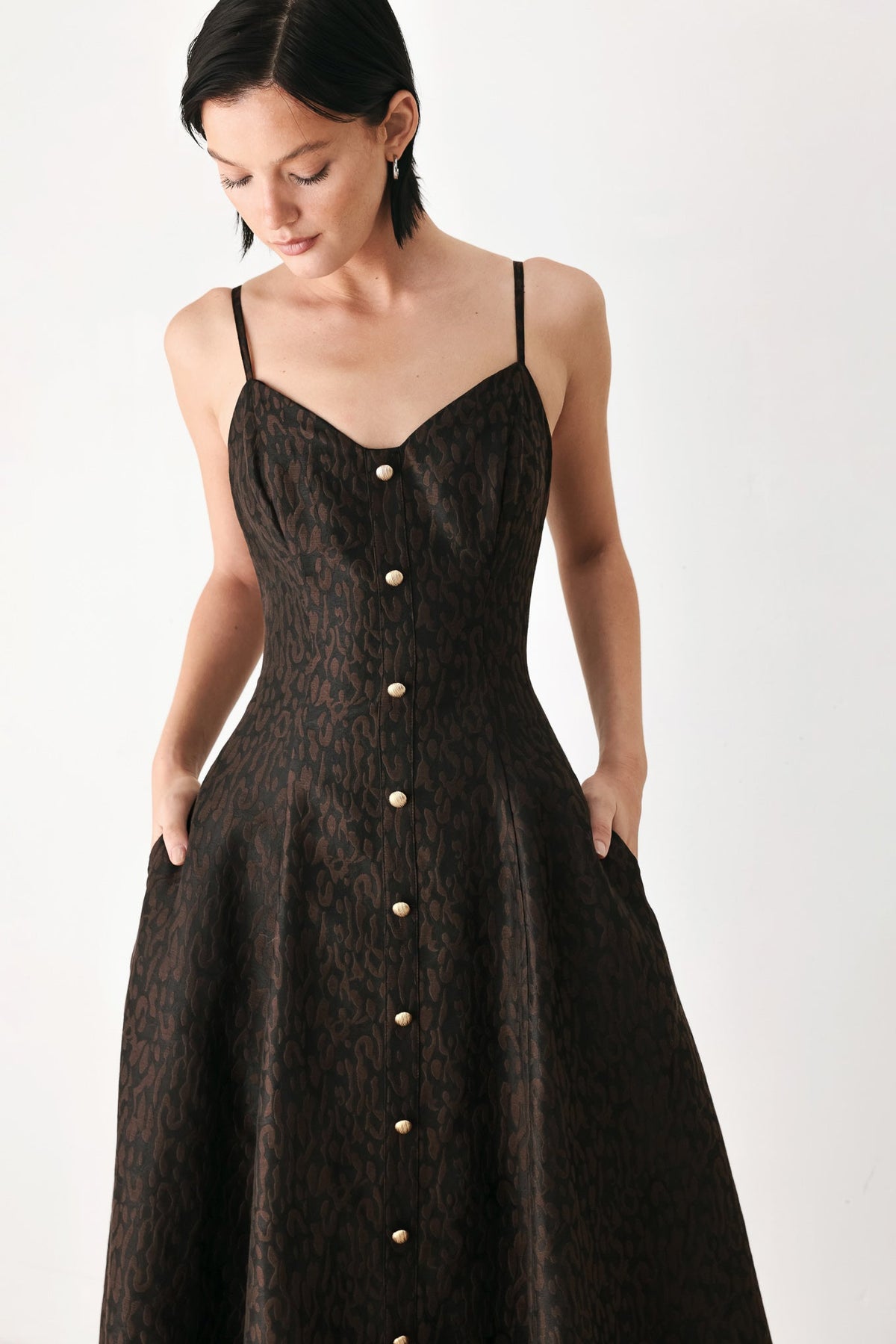 Chocolate brown Sweetheart midi dress by Flying Tomato with button details, fitted waist, and long sleeves.