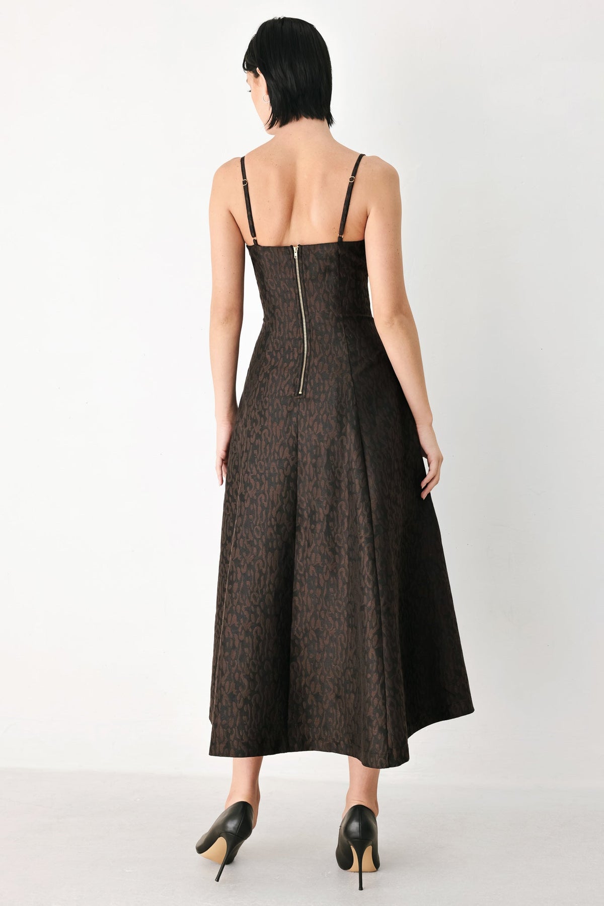 Flying Tomato chocolate sweetheart midi dress with button accents, featuring a fitted silhouette and elegant design.