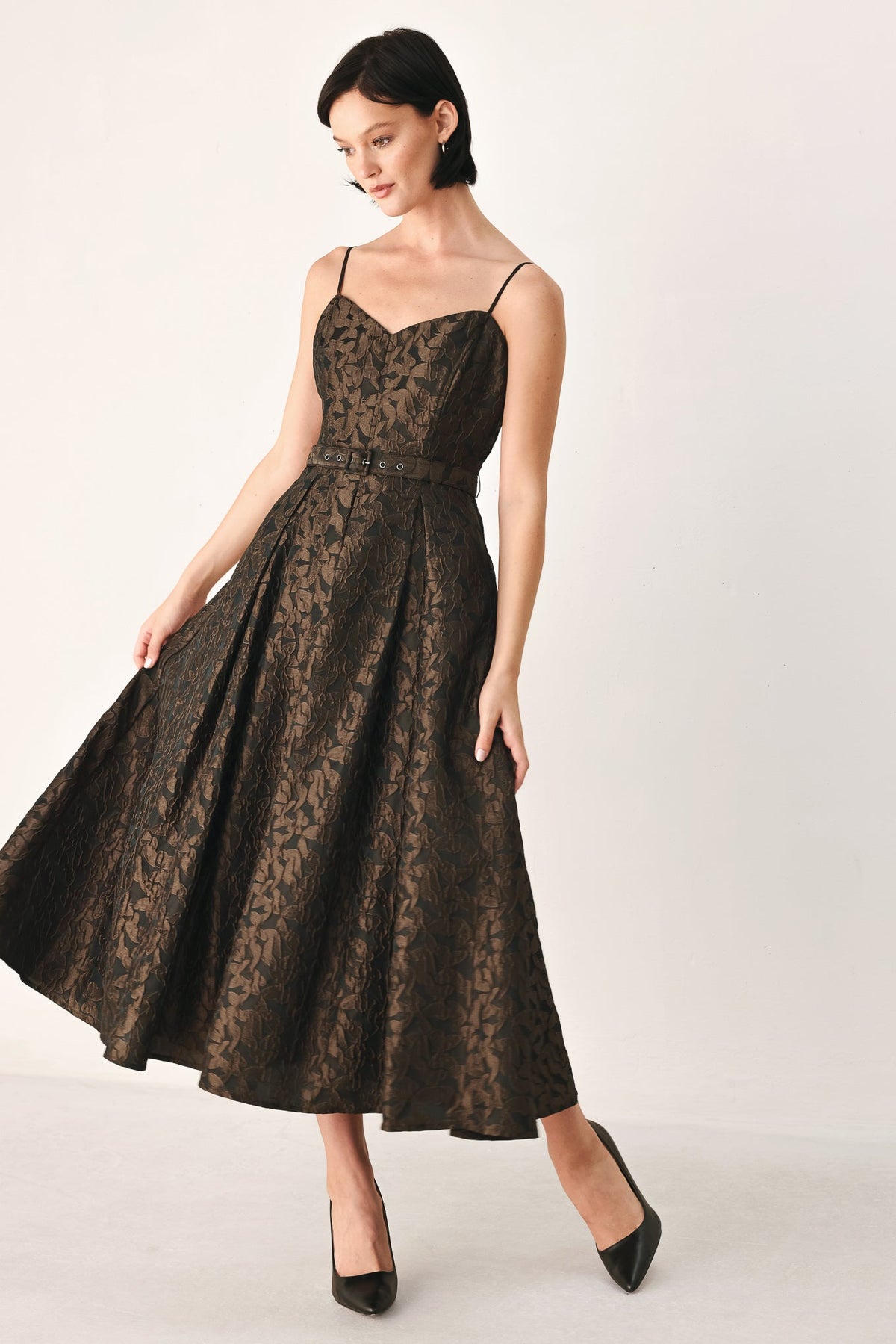 Flying Tomato Golden Hour Romance Jacquard Midi Dress in brown, featuring intricate woven patterns and a flowing midi silhouette.