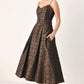 Brown Golden Hour Romance jacquard midi dress by Flying Tomato, showcasing intricate fabric pattern and elegant midi length.