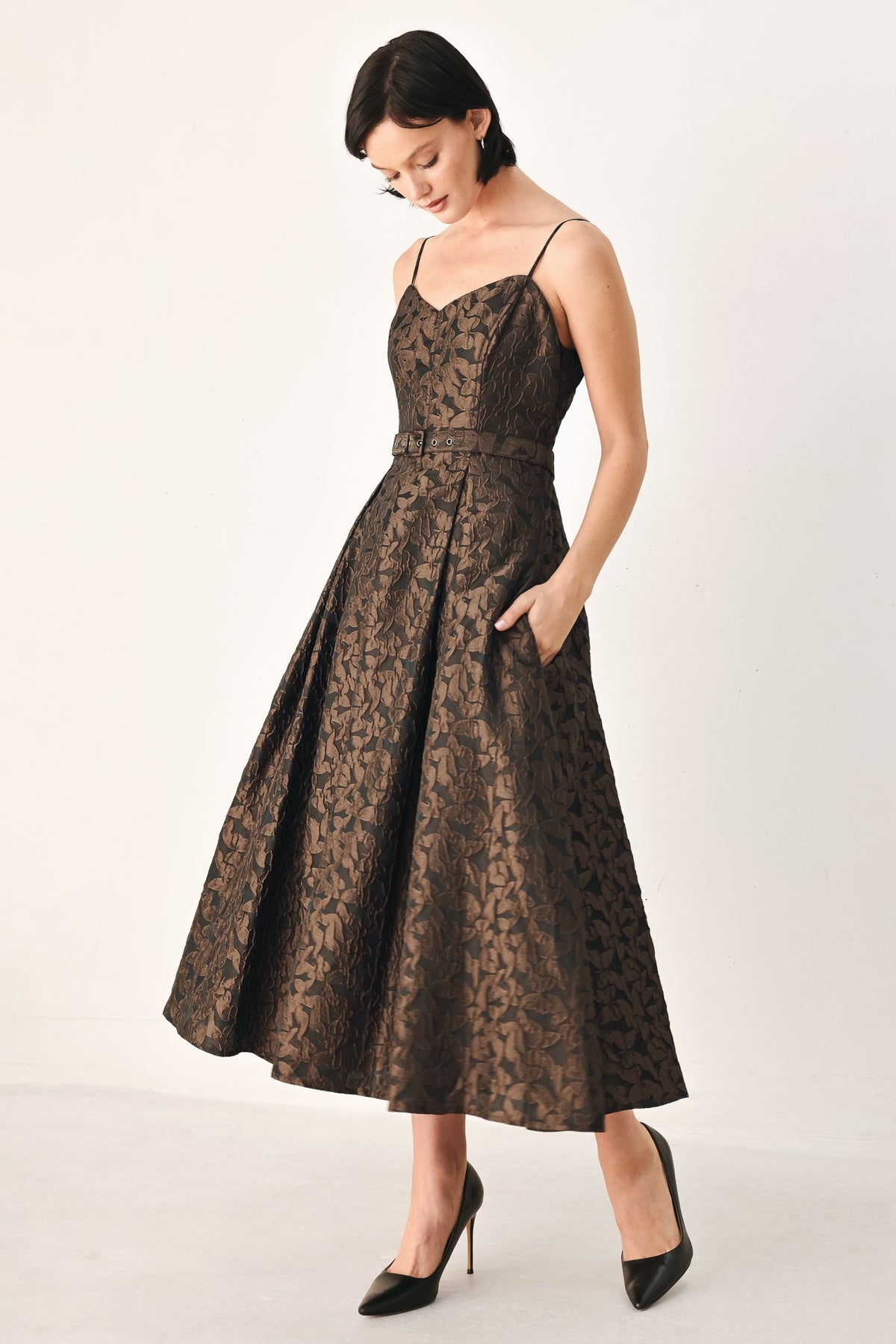 Brown Golden Hour Romance jacquard midi dress by Flying Tomato, showcasing intricate fabric pattern and elegant midi length.