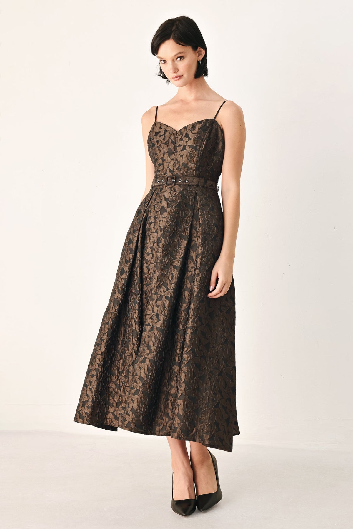 Brown Golden Hour Romance Jacquard midi dress by Flying Tomato, featuring intricate woven pattern and elegant midi length.