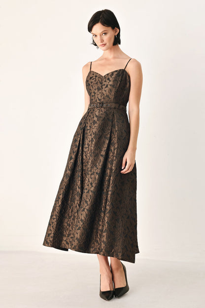 Brown Golden Hour Romance Jacquard midi dress by Flying Tomato, featuring intricate woven pattern and elegant midi length.