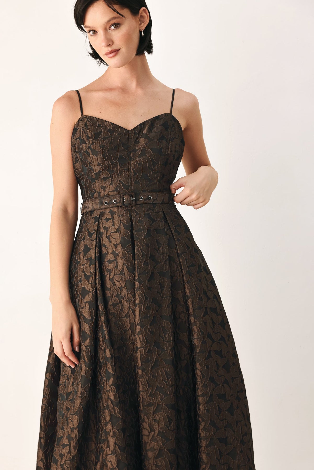 Flying Tomato Golden Hour Romance Jacquard Midi Dress in brown with intricate woven pattern and flowing silhouette.