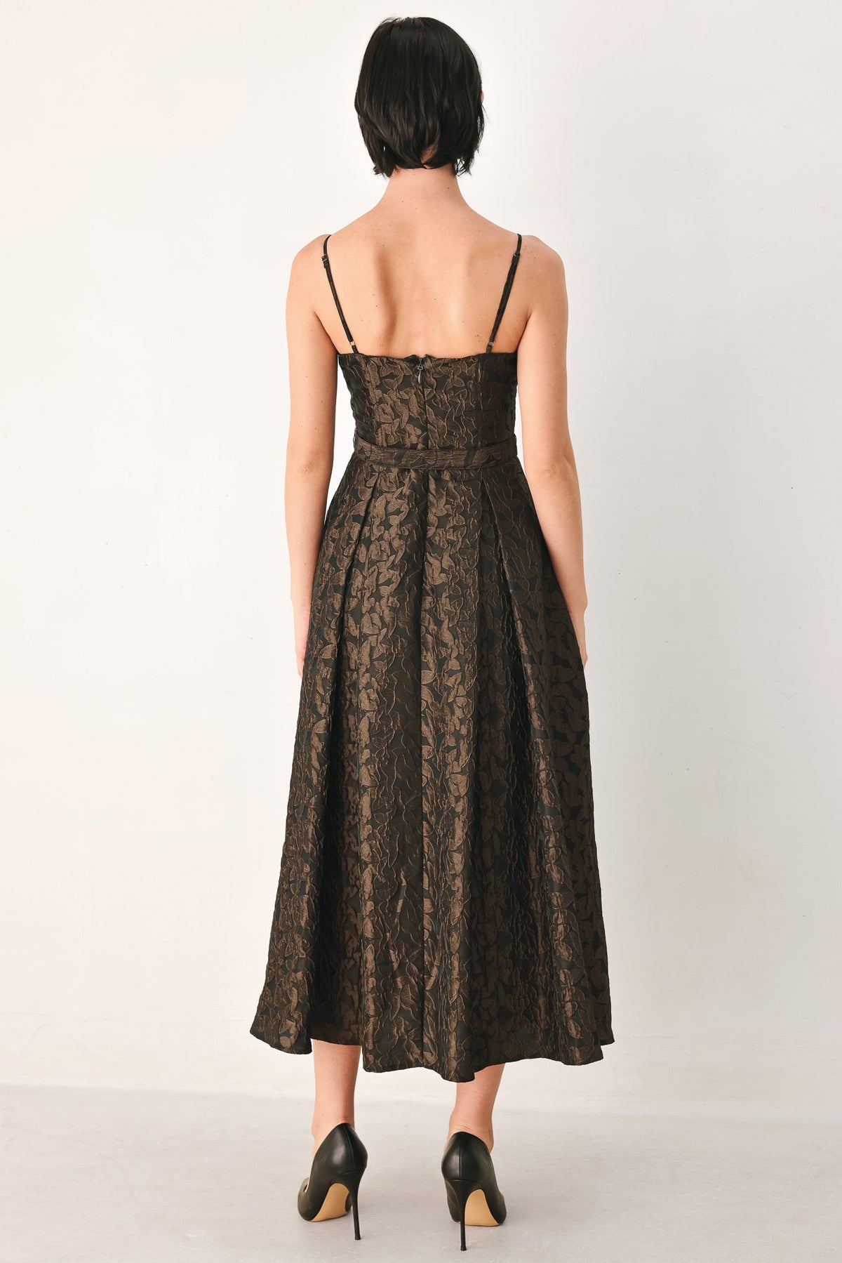 Flying Tomato Golden Hour Romance Jacquard midi dress in brown, featuring intricate woven patterns and a flattering silhouette.