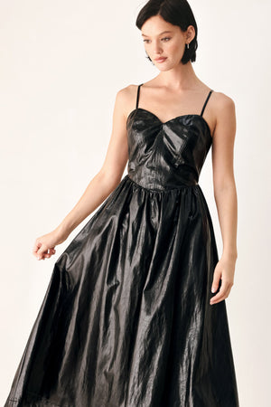 Black faux leather midi dress by Flying Tomato, featuring a fitted silhouette and stylish design perfect for evening wear.