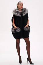 Alaska Outerwear Company black Saga Furs silver fox wool cashmere poncho vest coat