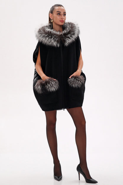 Alaska Outerwear Company black Saga Furs silver fox wool cashmere poncho vest coat