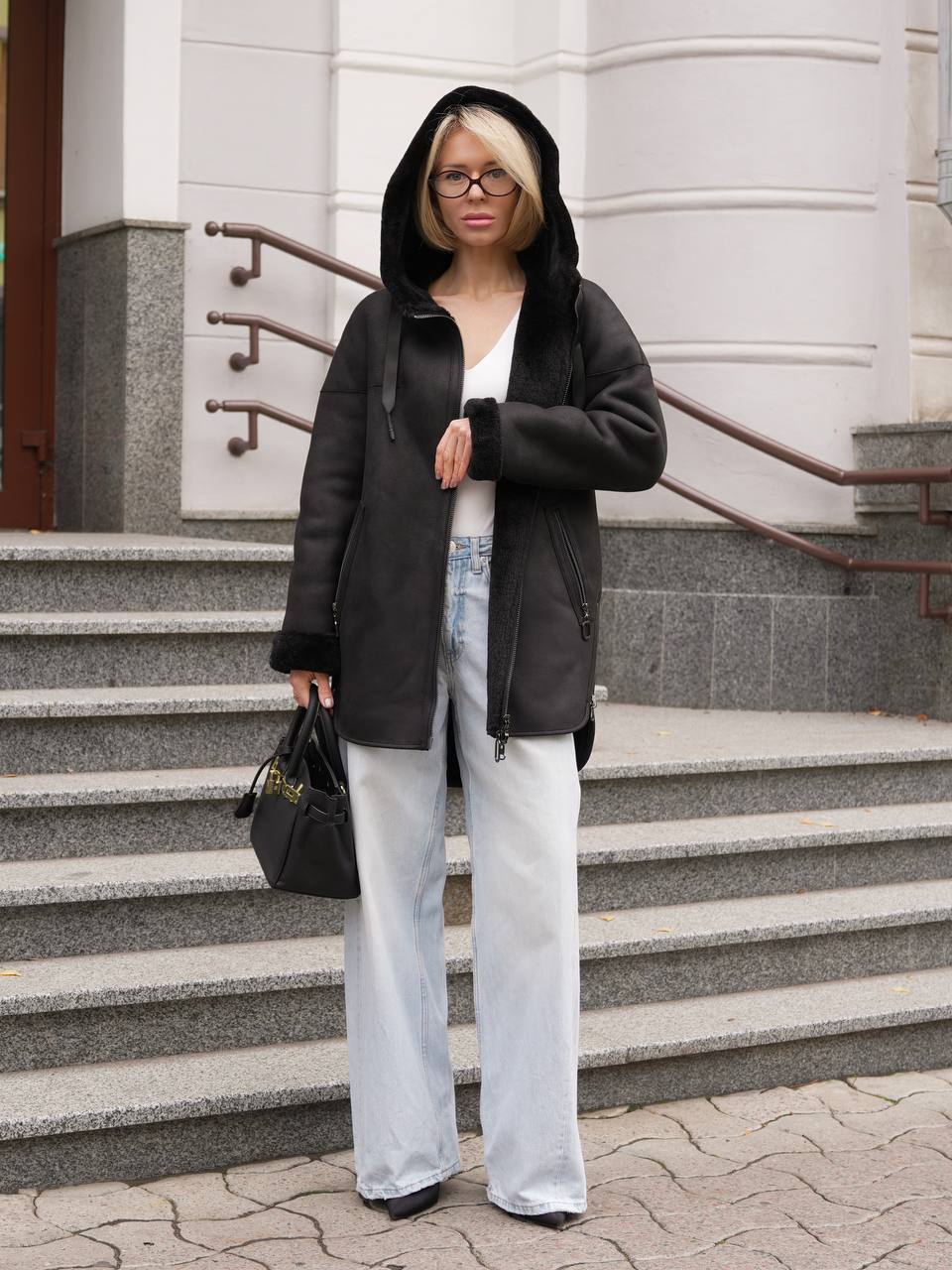 Alaska Outerwear Company Grazia reversible black faux shearling hooded coat parka