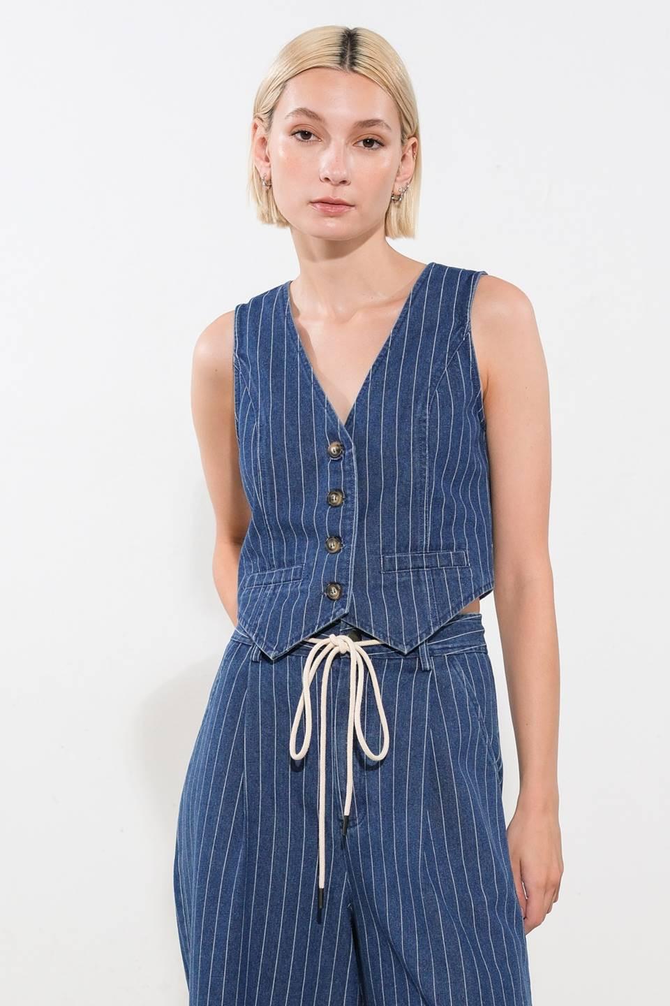 Flying Tomato I Still Believe denim vest, medium indigo, stylish women's top with button closures and classic denim design.