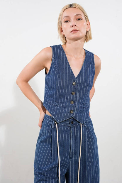 Flying Tomato I Still Believe denim vest, medium indigo color, stylish denim top with button details and classic fit.