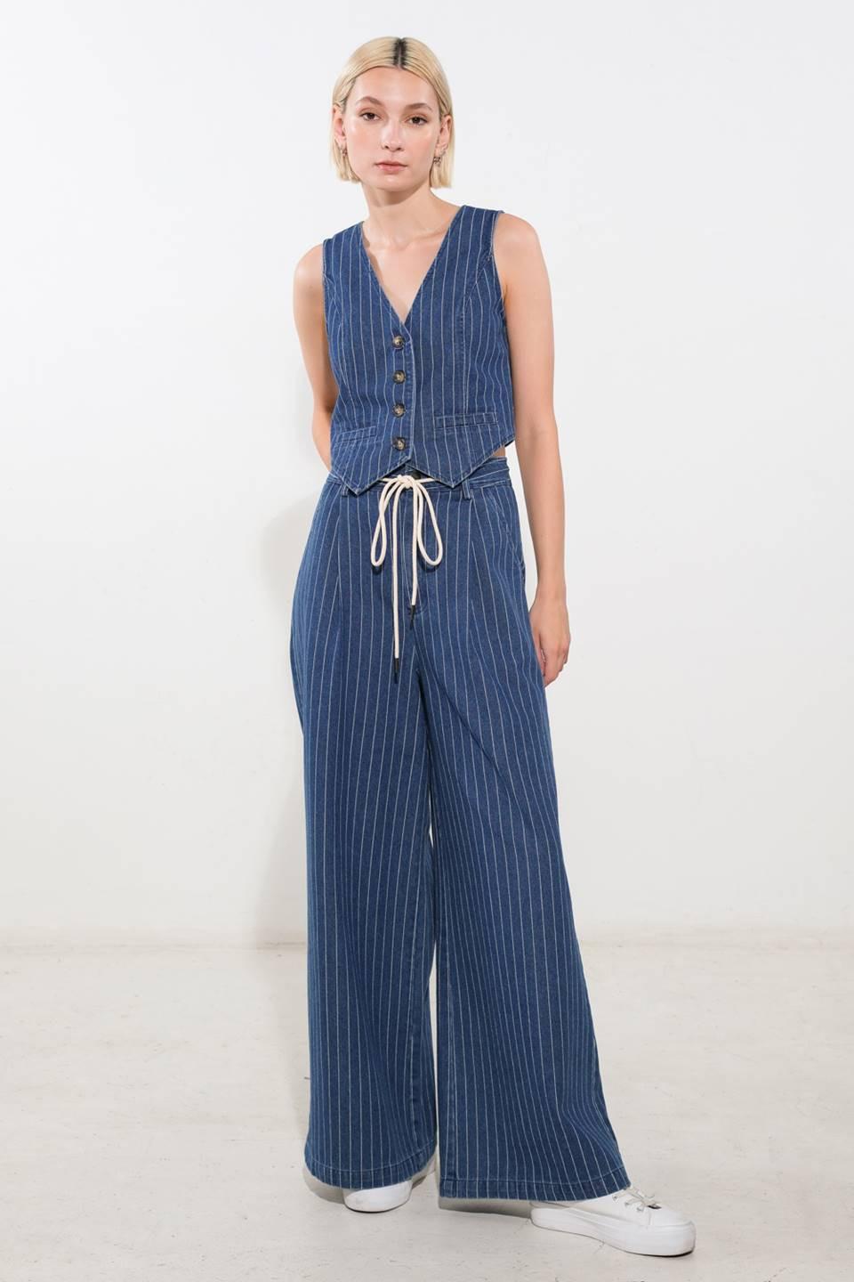 Flying Tomato I Still Believe denim vest, medium indigo color, stylish sleeveless top with button front and classic denim design.