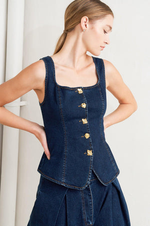 Flying Tomato Quiet Luxe denim top, casual fitted design with button details and classic blue denim fabric.