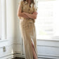 Taupe woven skirt from Flying Tomato's Between the Pages collection, featuring a stylish, textured design.