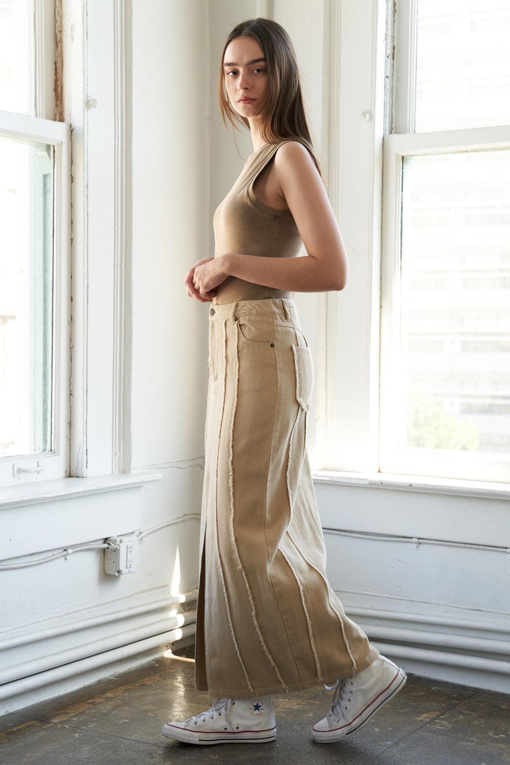 Taupe woven skirt from Flying Tomato's Between the Pages collection, featuring a stylish, textured design and flowing fit.