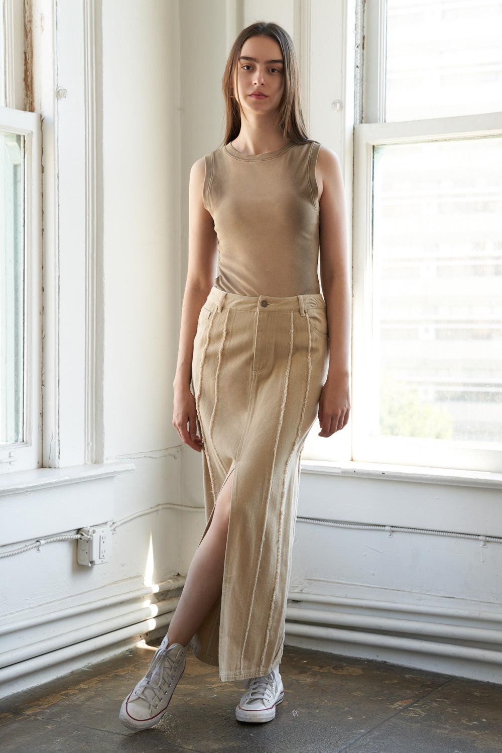 Taupe woven skirt from Flying Tomato's Between the Pages collection, featuring a stylish, textured design perfect for casual wear.
