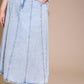 Light wash Urban Cowgirl denim midi skirt by Flying Tomato, featuring a classic A-line silhouette and back pocket details.