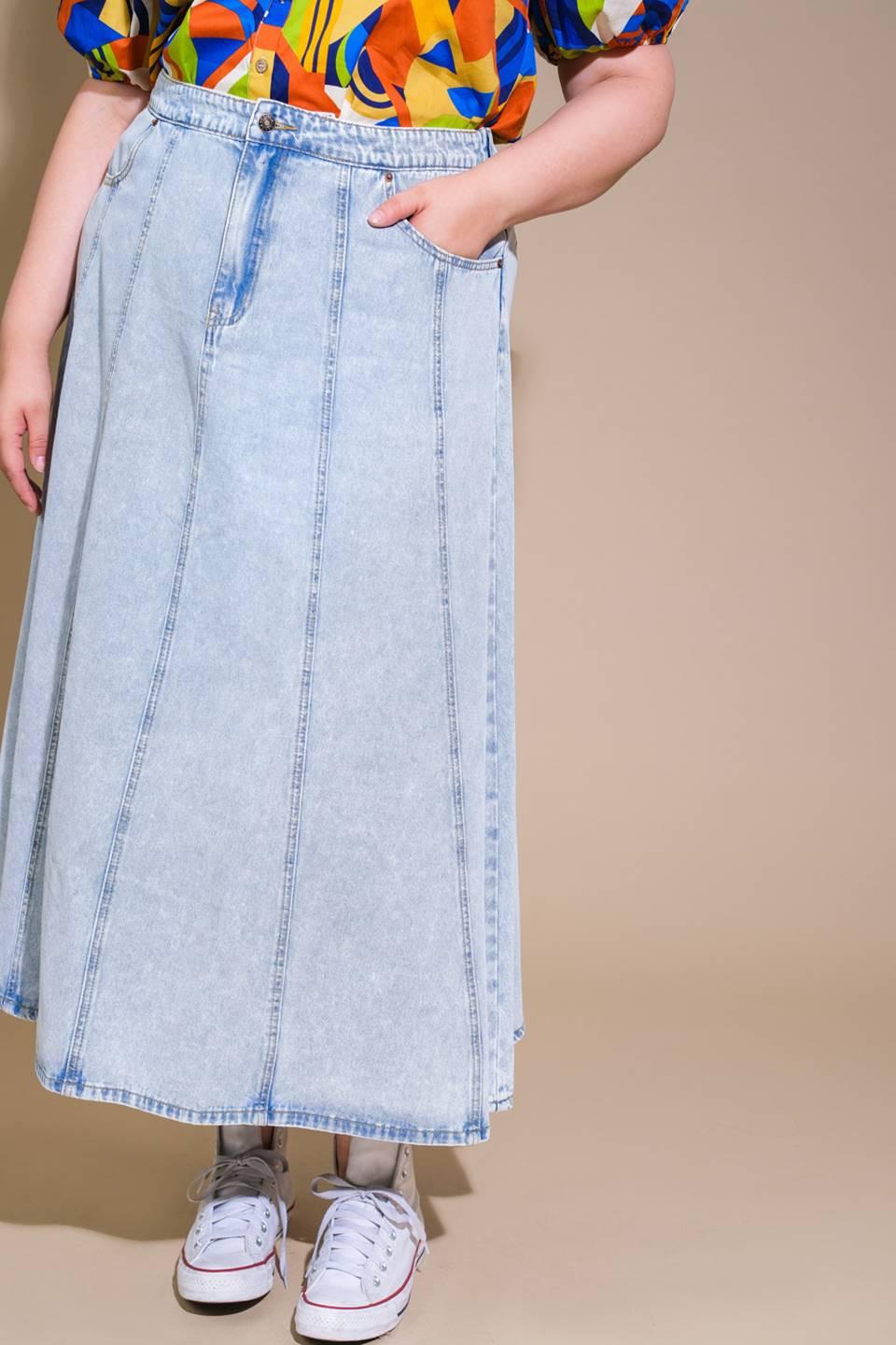 Light wash Urban Cowgirl denim midi skirt by Flying Tomato, featuring a classic A-line silhouette and back pocket details.