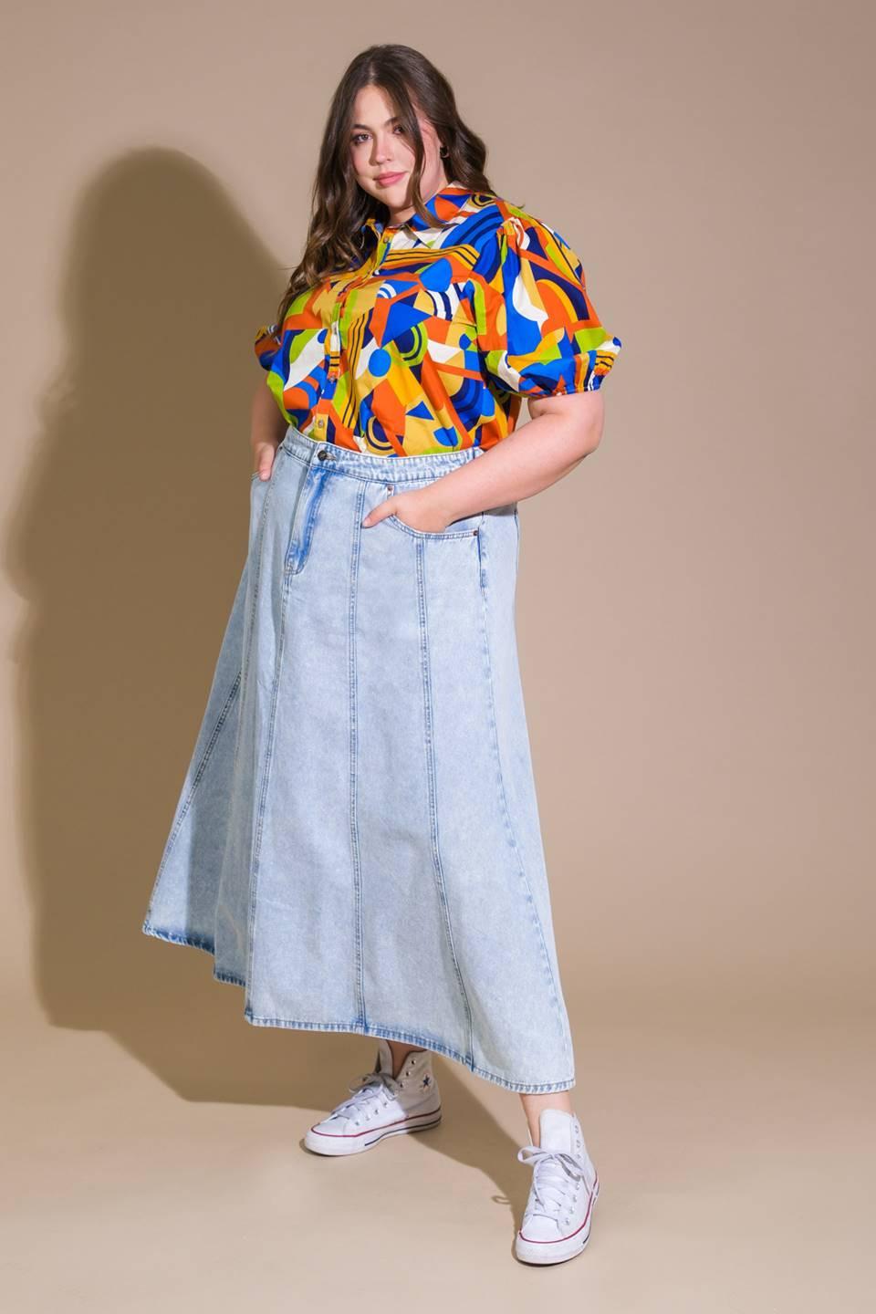 Light wash Urban Cowgirl denim midi skirt by Flying Tomato, shown with front view and detailed stitching.