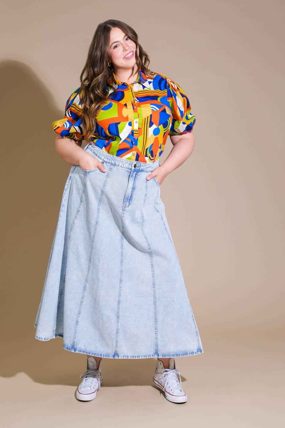 Light denim Urban Cowgirl midi skirt by Flying Tomato featuring a classic A-line design and front slit.