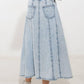 Light wash denim midi skirt by Flying Tomato from the Urban Cowgirl collection, featuring a classic A-line silhouette.