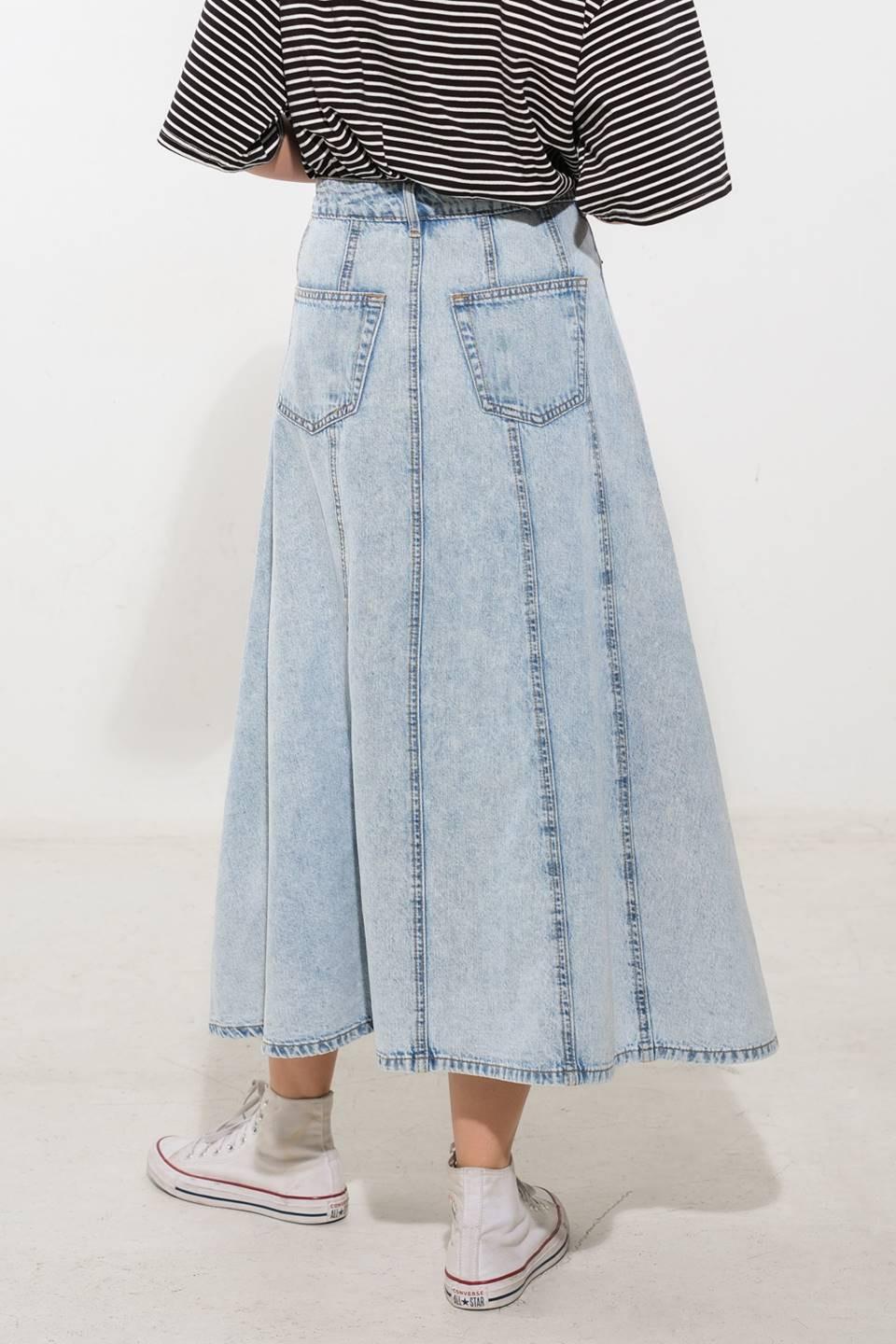 Light wash denim midi skirt by Flying Tomato from the Urban Cowgirl collection, featuring a classic A-line silhouette.