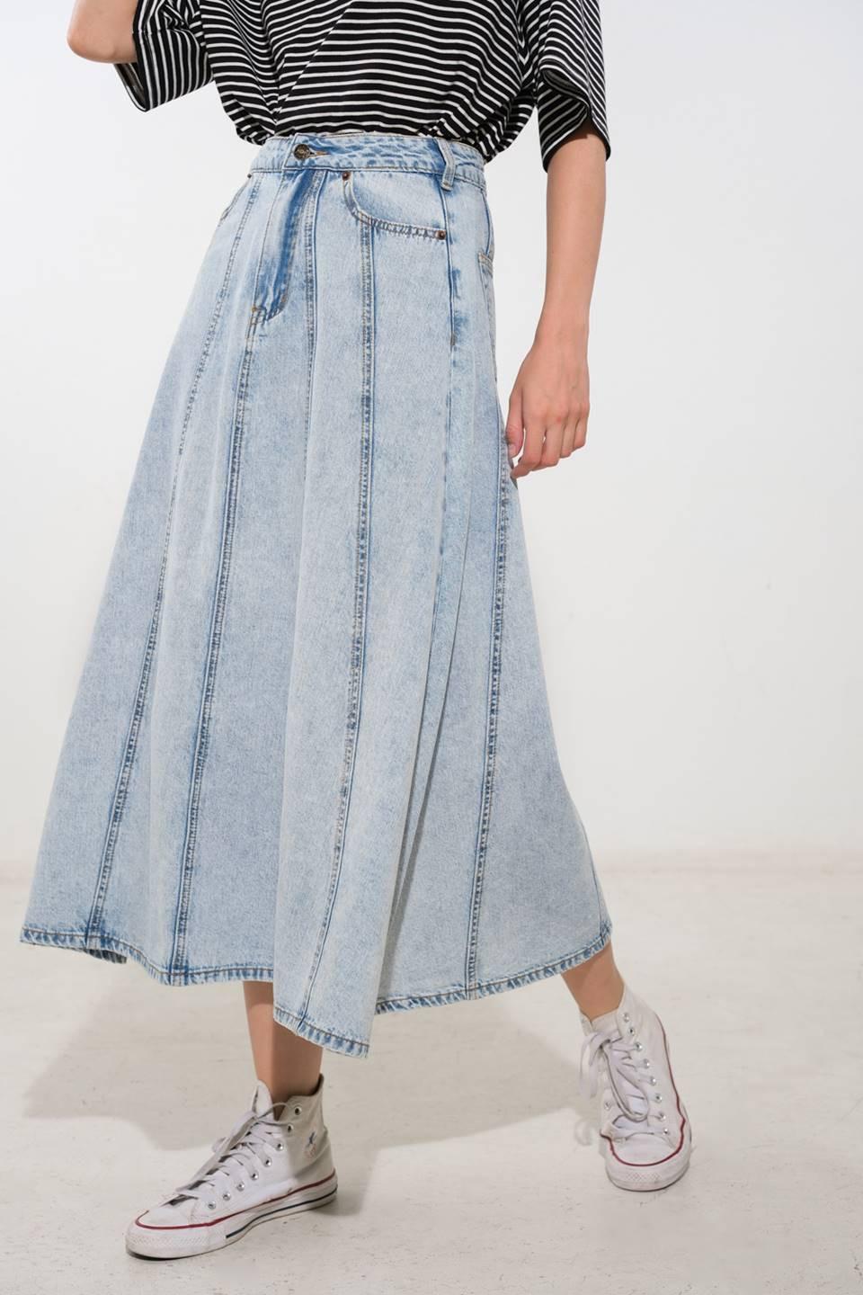 Light denim Urban Cowgirl midi skirt by Flying Tomato, featuring a classic jean style with a comfortable fit and midi length.